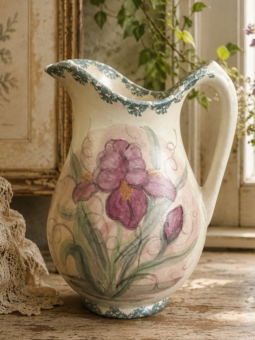 Rare Vintage Hand Painted Studio Art Hand Thrown Pottery Iris Pitcher